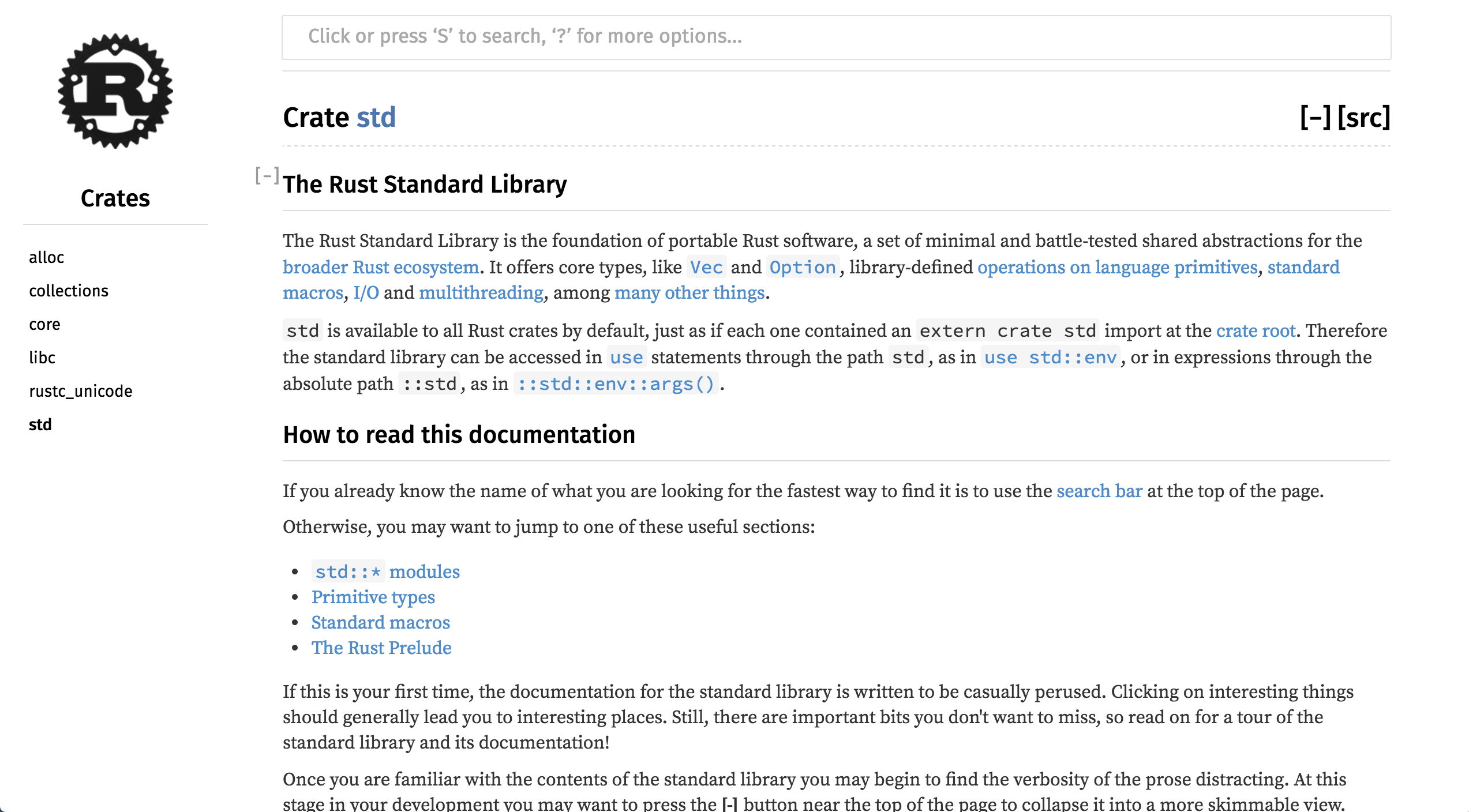 Rust API documentation home page