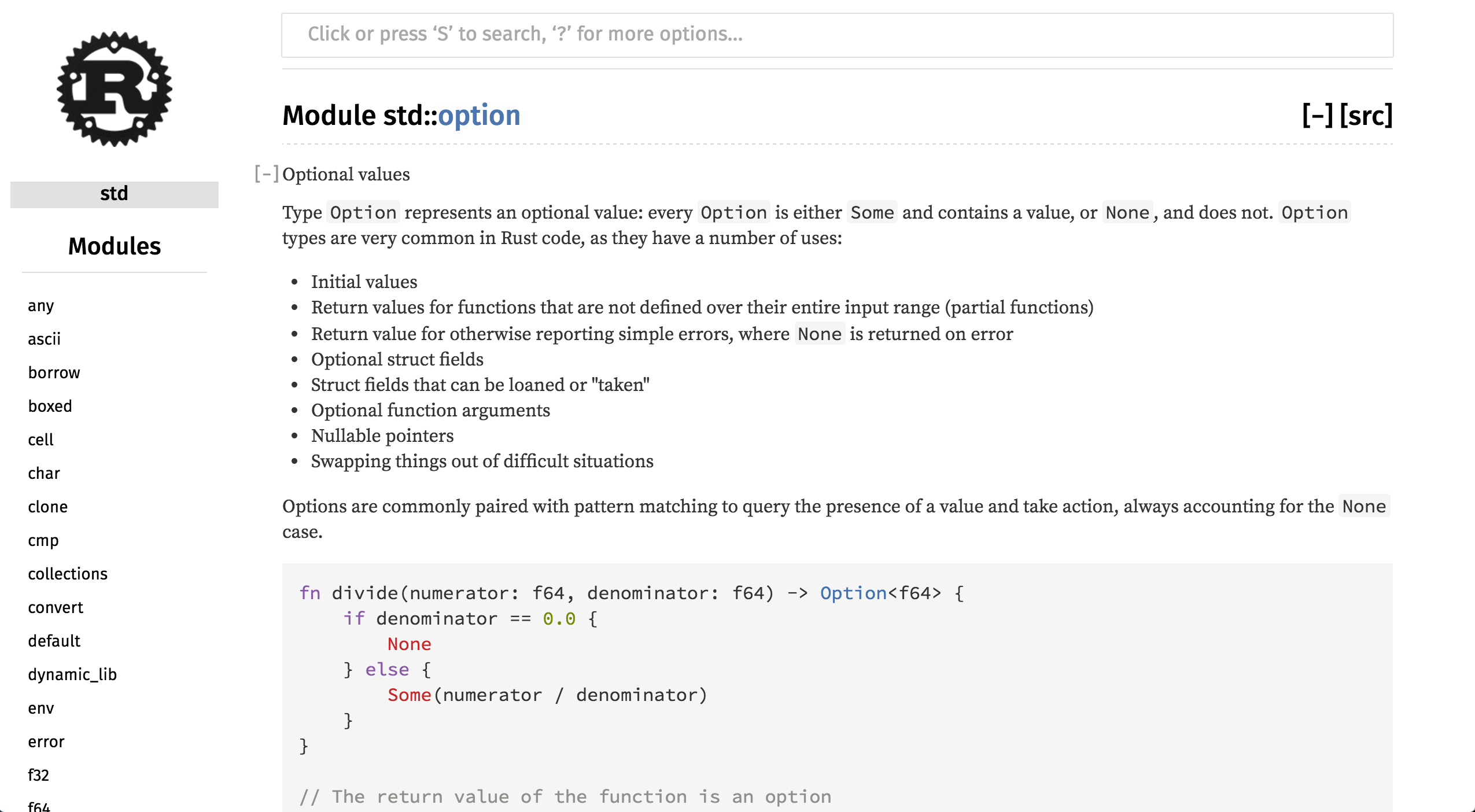 Rust API documentation for std::option